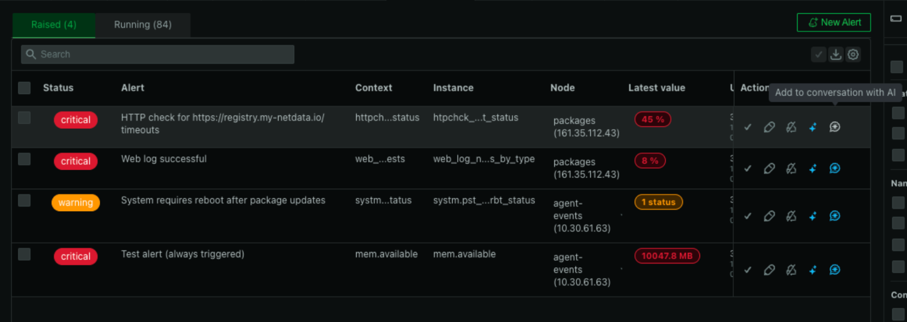 Starting a conversation from the alerts table.