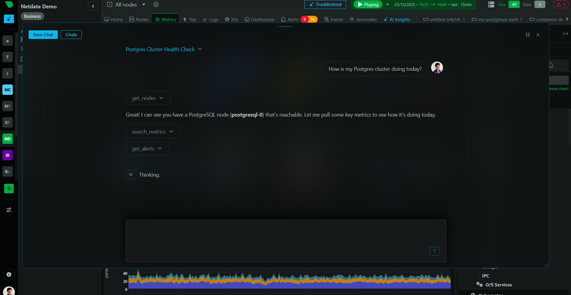The new Real-Time Conversations interface in Netdata Cloud, showing a history of conversations.