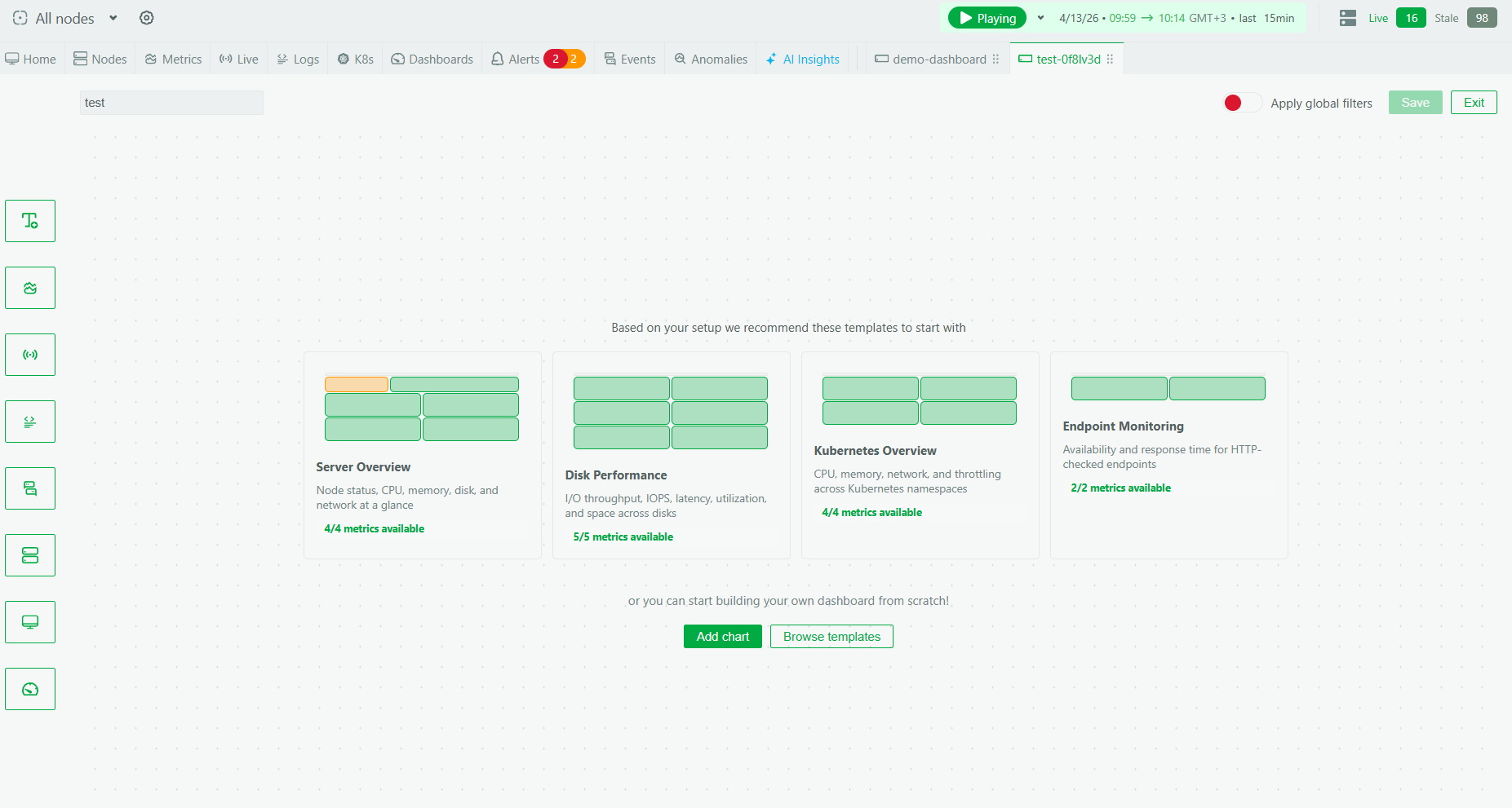 New Custom Dashboards: Metrics, Logs, Live Commands, and More in a Single View