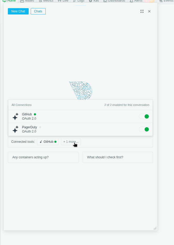 Toggling connected MCP servers on or off for a single conversation in Netdata AI.