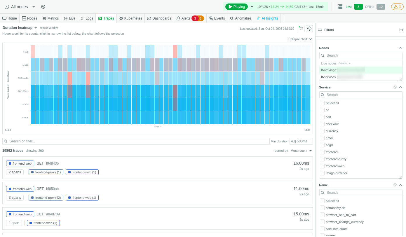 The Traces tab in Netdata Cloud: a duration heatmap over 15 minutes, a list of recent traces with their spans and services, and service and span name filters on the right.